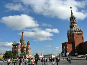 Moscow - St Basils Cathedral and Spasskaya Tower viewed from Red Square