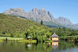 The island (wine tasting centre) and Jonkershoek Mountains, Stark-Condé Wines