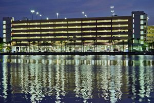Tampa General Hospital Parking Garage from Harbor Island at Night