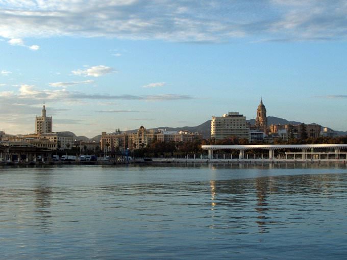 Malaga harbor with the cathedral in back