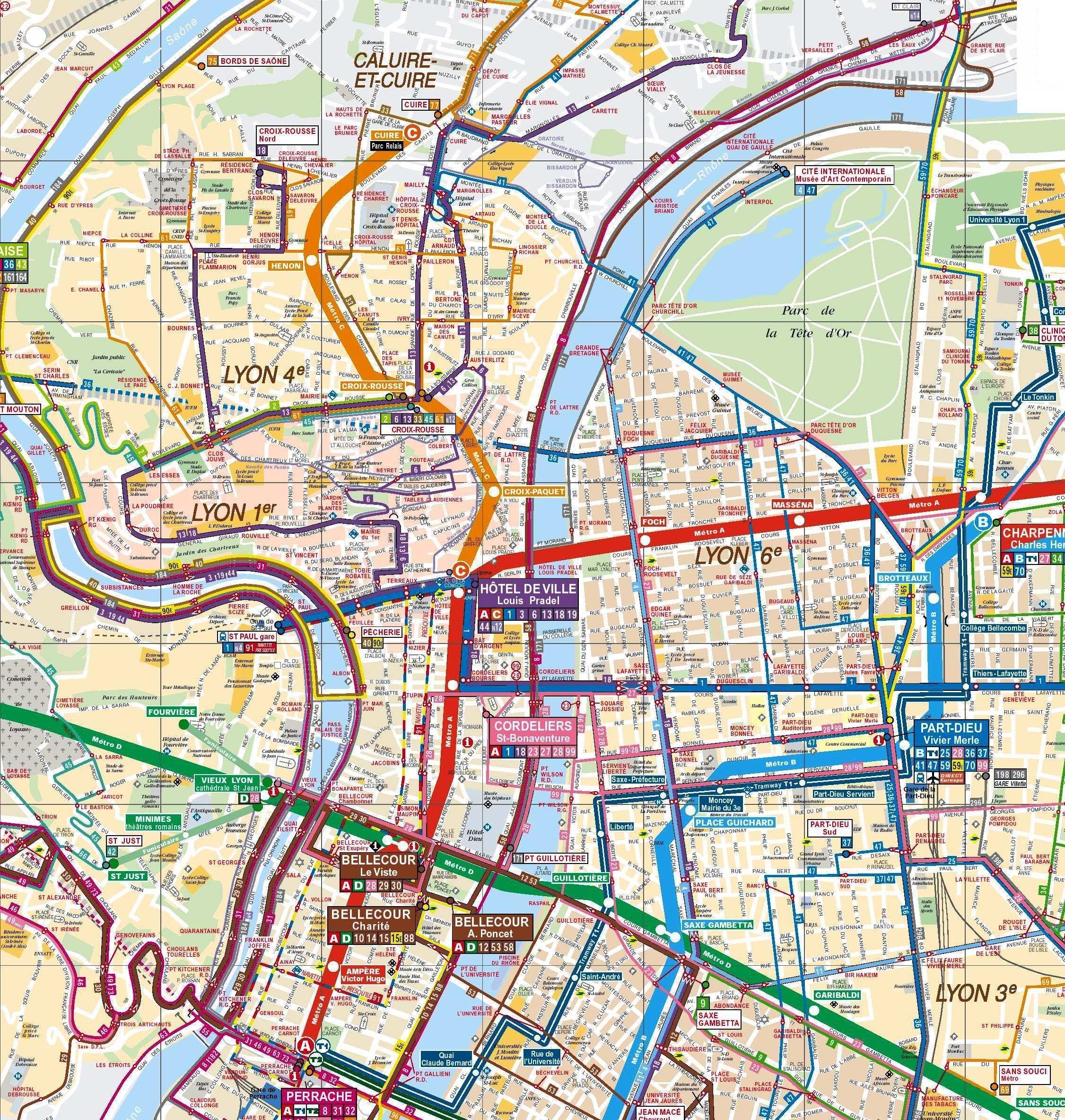 Автобусы в Лионе - карта автобусных маршрутов по городу Лиона