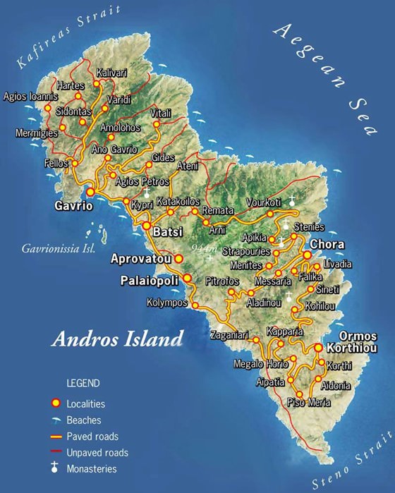 Детальная карта острова Андрос 1