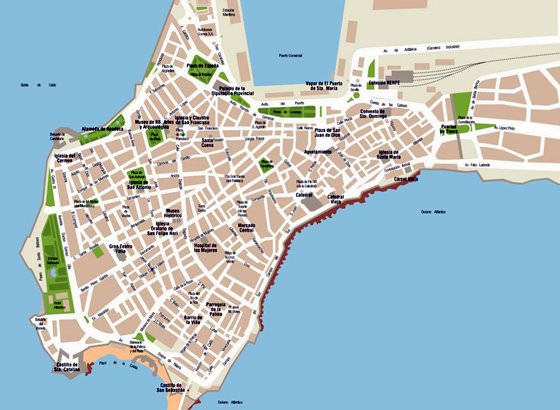 Gedetailleerde plattegrond van Cadiz