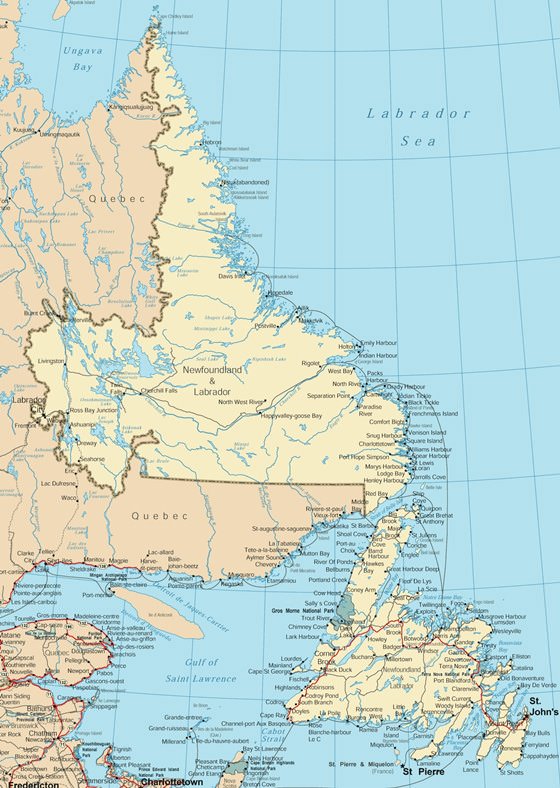 Детальная карта Ньюфаундленда и Лабрадора 1