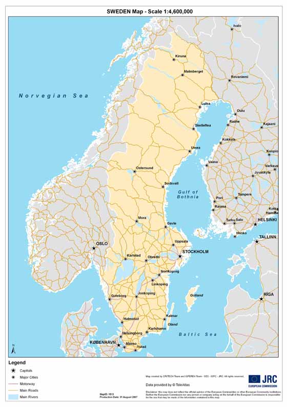 Крупномасштабная карта Швеции для распечатывания или скачки