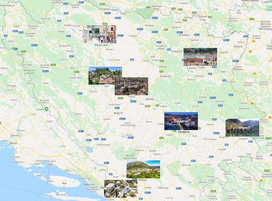 Map of cities in Bosnia & Herzegovina