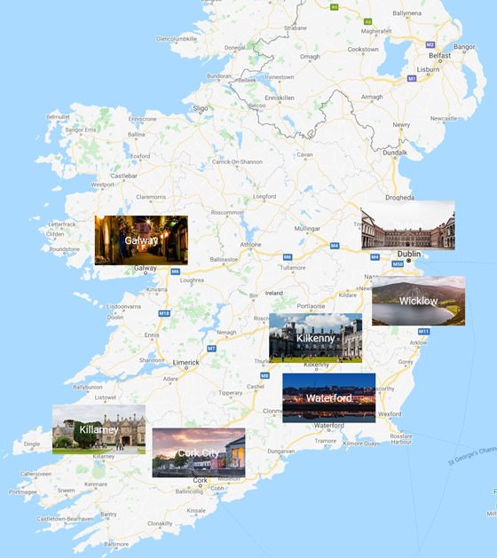 Map of cities in Ireland
