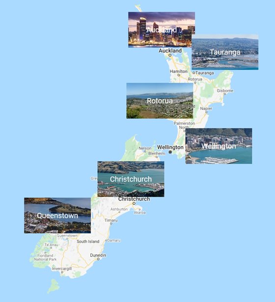 Map of cities in New Zealand