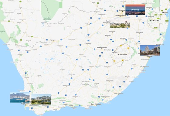 Güney Afrika’da şehirler haritası