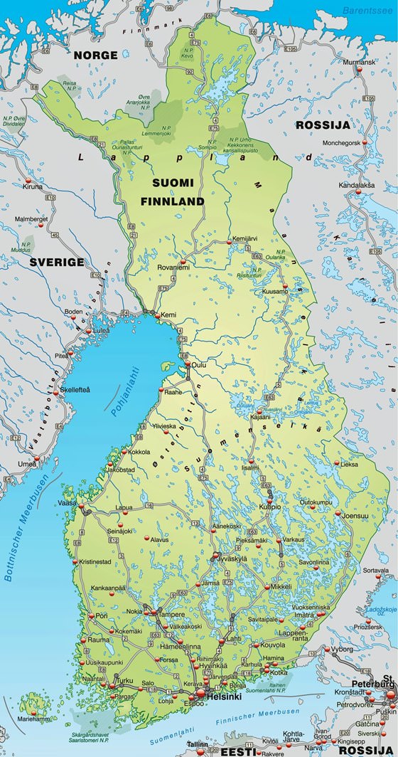 Карта рельефа Финляндии