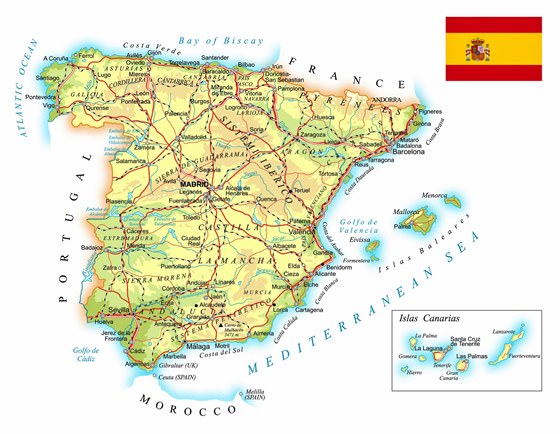 Карта рельефа Испании
