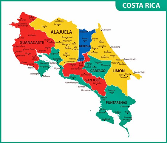Kosta Rika’da bölgelerin haritası