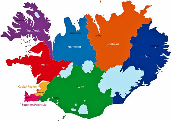 Mapa de regiones de Islandia