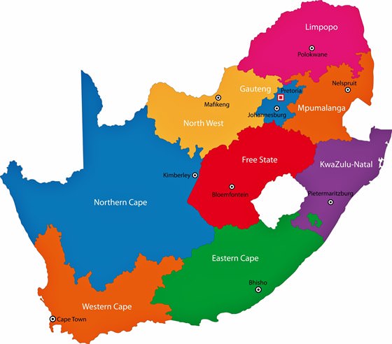 Güney Afrika’da bölgelerin haritası