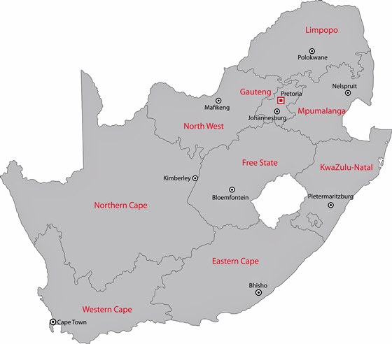Güney Afrika’da bölgelerin haritası