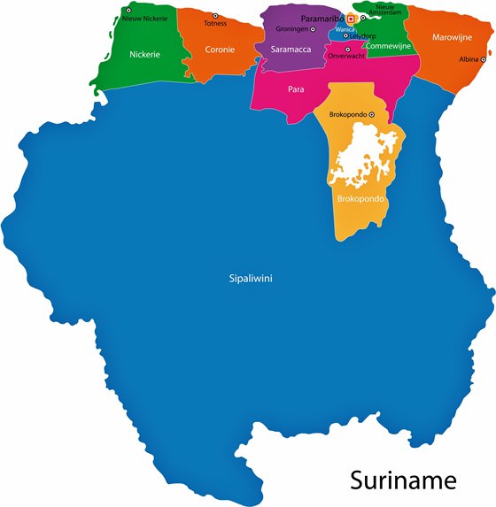Mapa de regiones de Suriname
