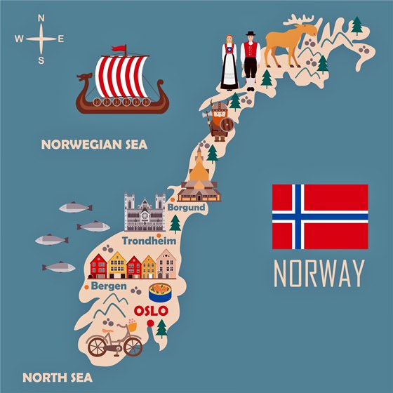 Mapa de lugares de interés en Noruega