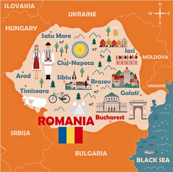 Mapa de lugares de interés en Rumania
