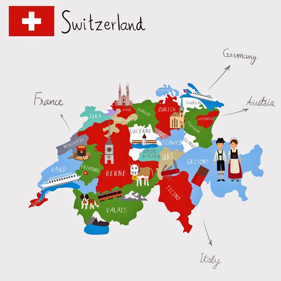 Mapa de lugares de interés en Suiza