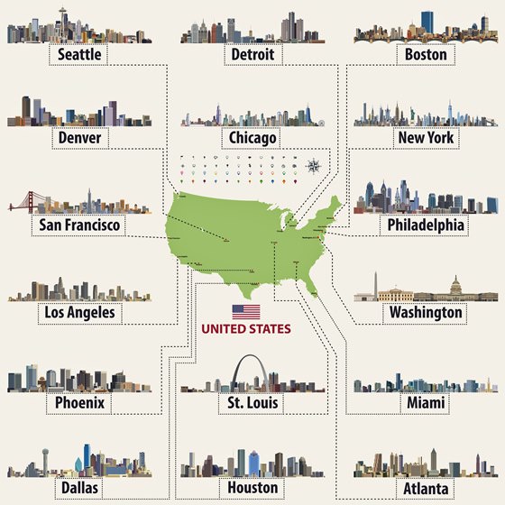 Mapa de lugares de interés en EE.UU.