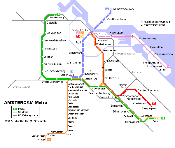 Детальная карта метро Амстердама - скачать или распечатать