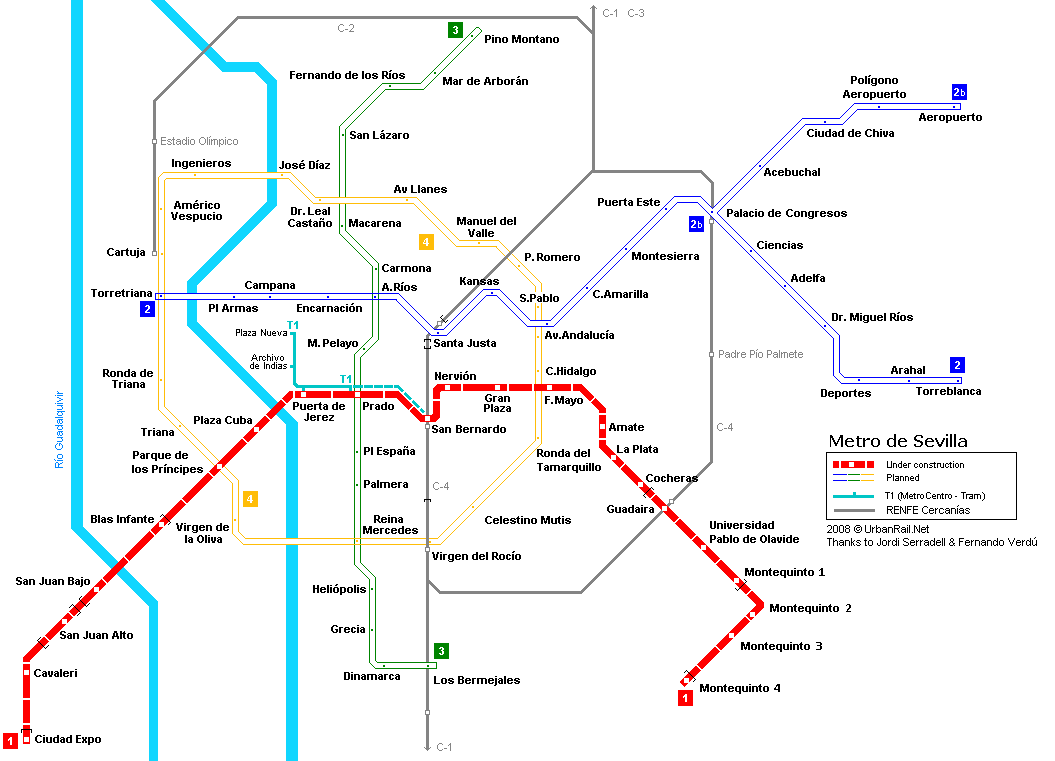 Detailed metro map of of Sevilla - download for print out