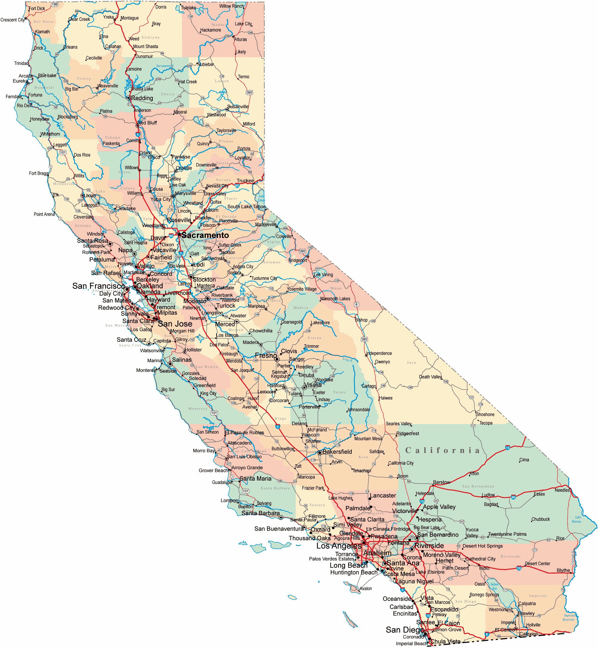 Ciudades Mapa De California Estados Unidos / Anexo Condados De