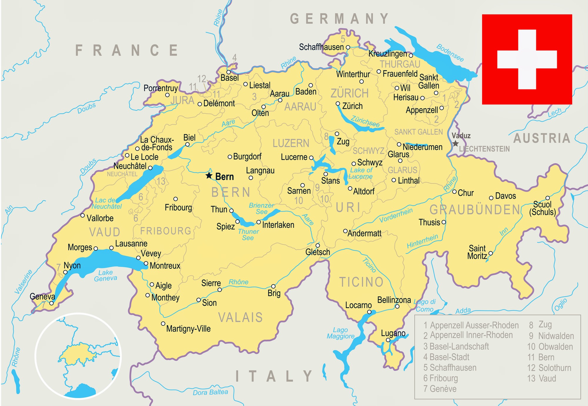 simple tourist map of switzerland