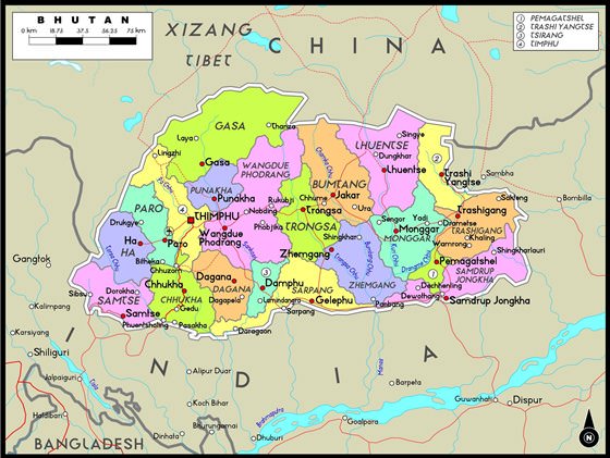 Detaillierte Karte von Bhutan