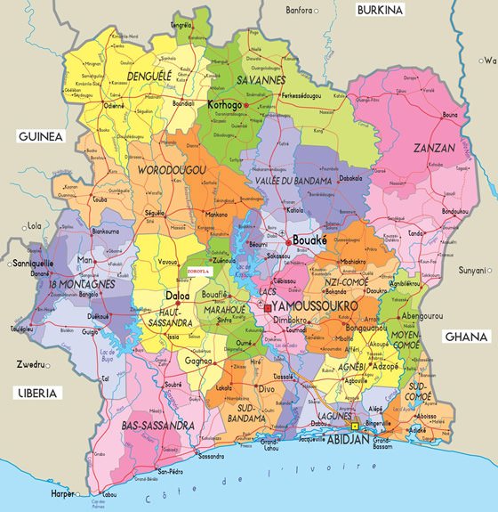 Detailed map of Ivory Coast