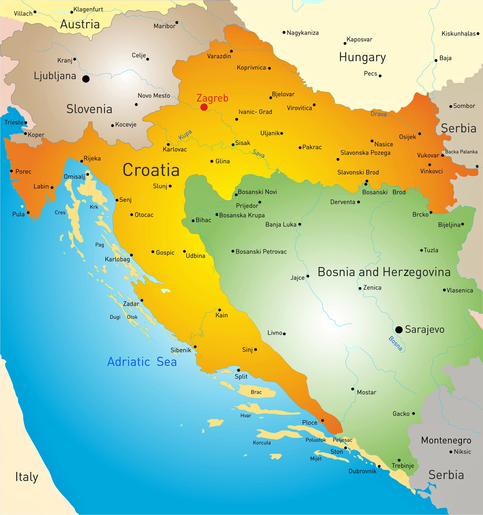 Cities map of Croatia - OrangeSmile.com