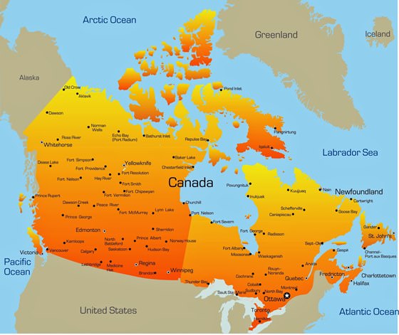 Map of cities in Canada