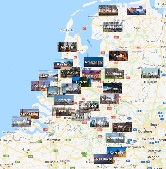 Mapa de ciudades de Países Bajos