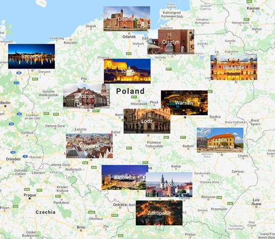 Mapa de ciudades de Polonia