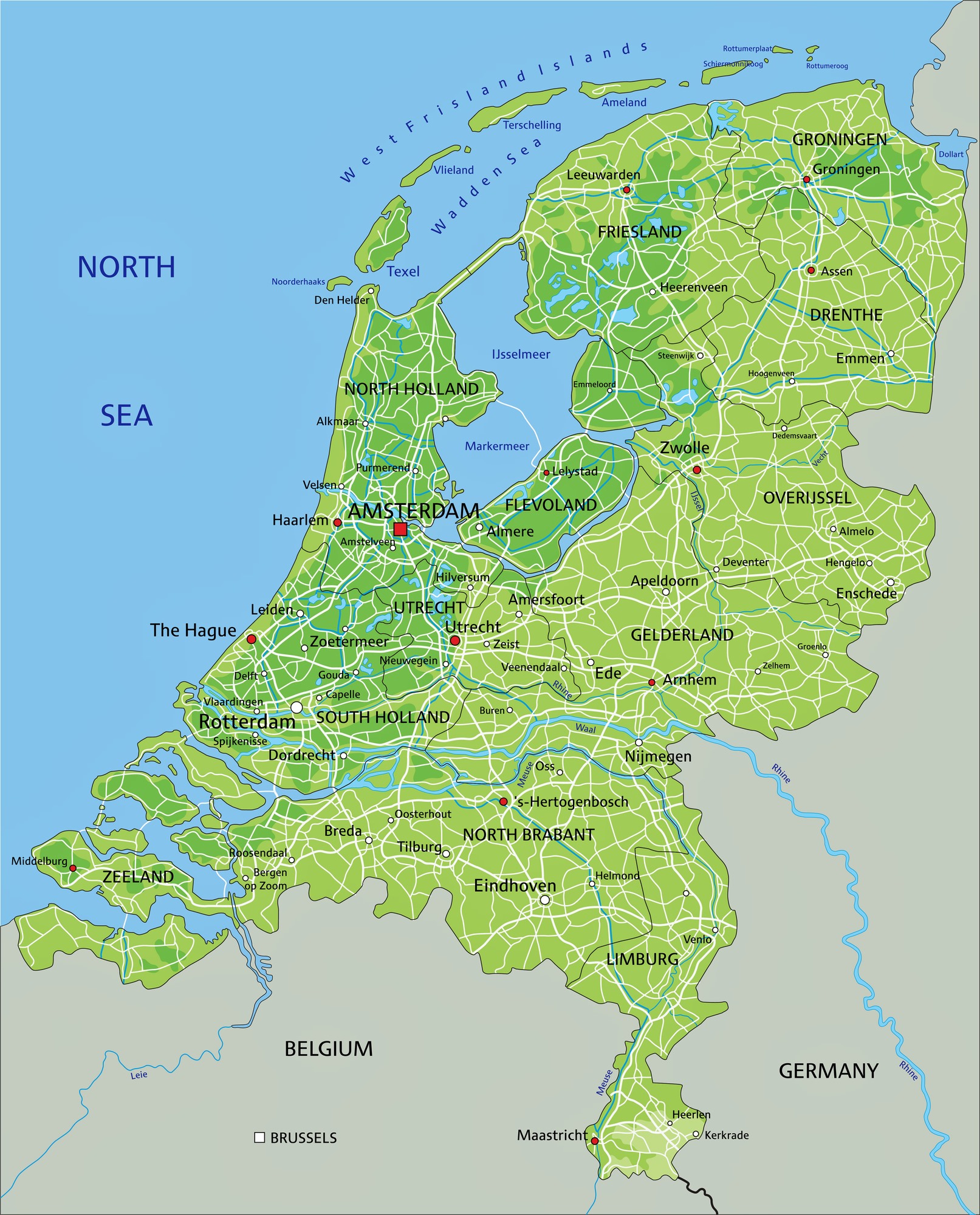Mapa físico de relieve de Países Bajos - OrangeSmile.com