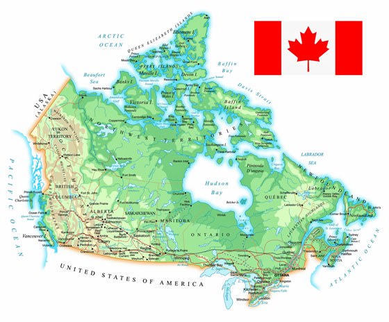 Карта рельефа Канады