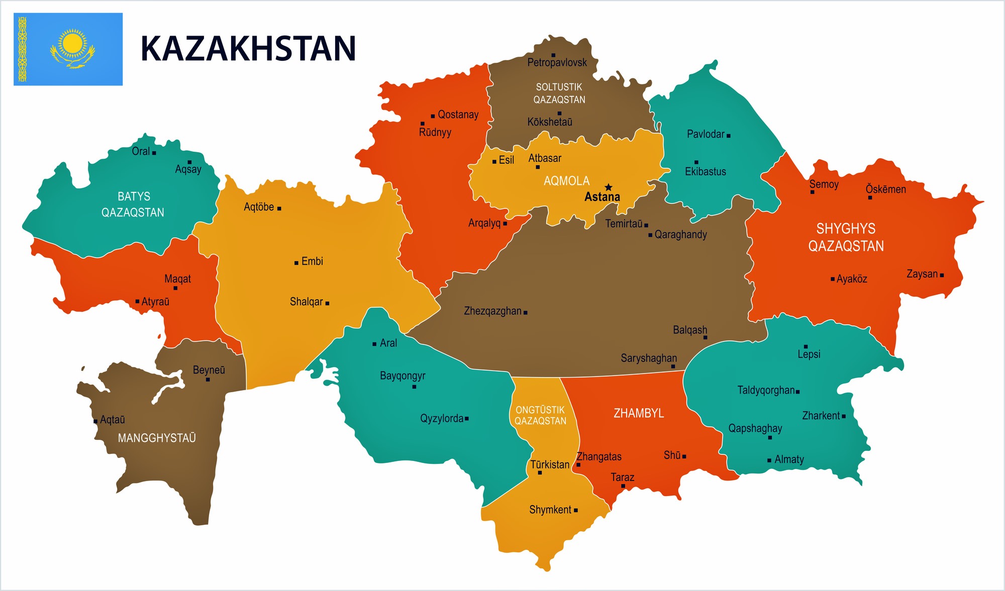 Kasachstan Karte der Regionen und Provinzen - OrangeSmile.com
