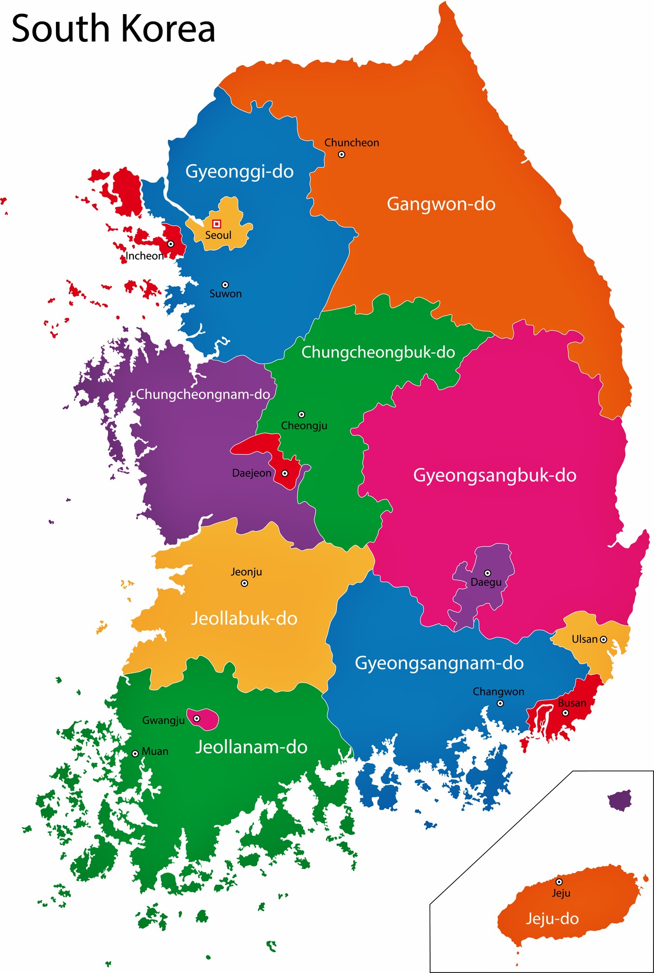 Карта регионов и провинций Южной Кореи с возможностью скачивания и печати -OrangeSmile.com