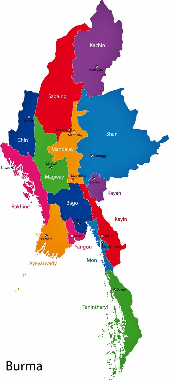 Map of regions in Myanmar-Burma