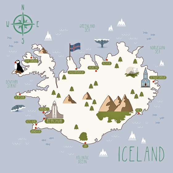 Karte der Sehenswürdigkeiten in Island