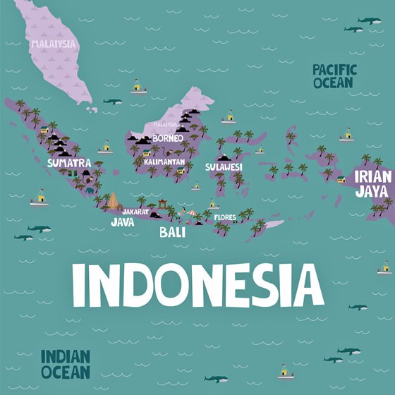 Mapa de lugares de interés en Indonesia