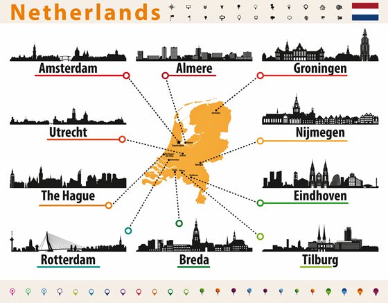 Mapa de lugares de interés en Países Bajos