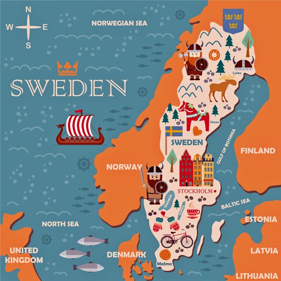 Mapa de lugares de interés en Suecia