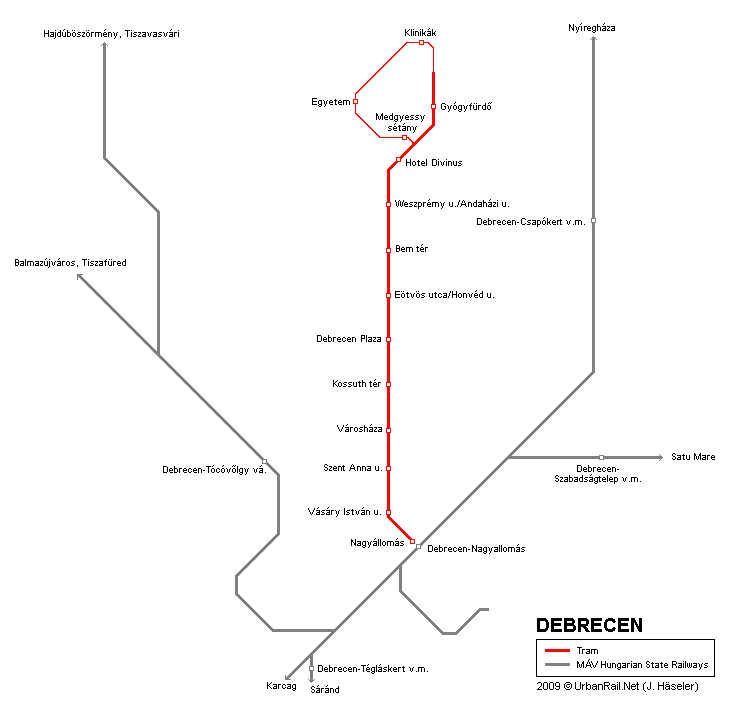 Tram map of Debrecen